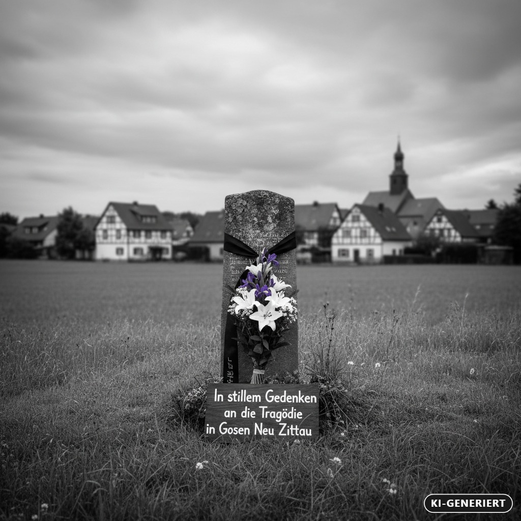 KI-generiert: Ein Gedenkstein mit Blumenstrauß und der Inschrift „In stillem Gedenken an die Tragödie in Gosen Neu Zittau“ steht auf einer Wiese vor einem Dorf.
